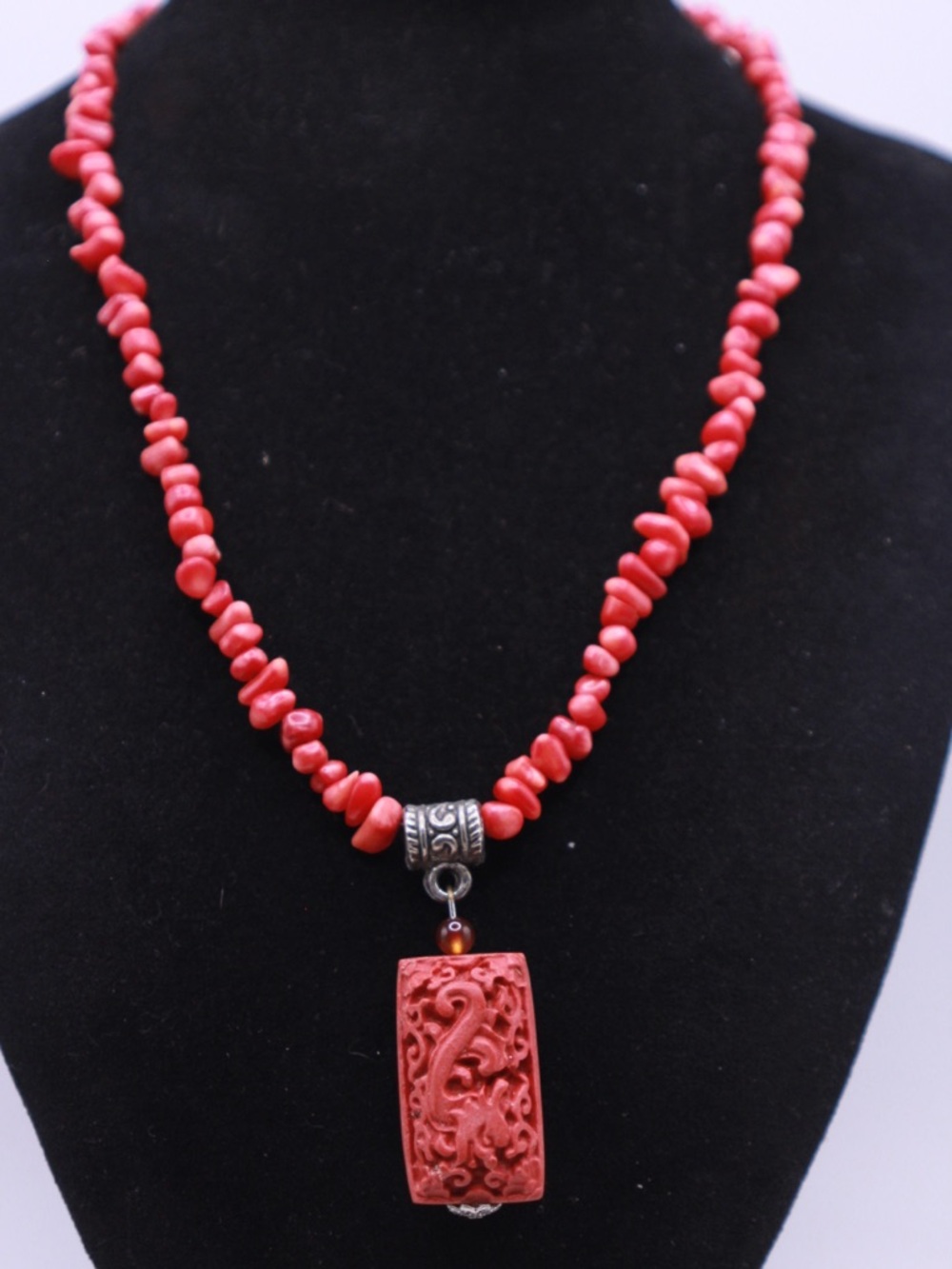 Red Carved Cinnabar Dragon Pendant Coral Bead Necklace 16”